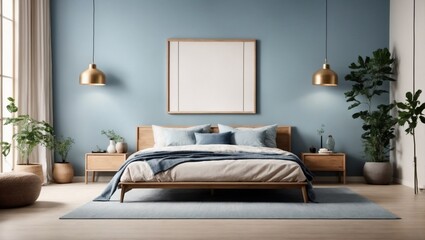 Blank wooden frame mockup on the wall and a centered bed in a trendy modern Scandinavian interior with light blue tones. Generative AI.