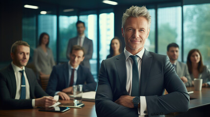 Fototapeta na wymiar A successful businessman sits confidently in a boardroom with his team in the background, exemplifying leadership and collaboration.