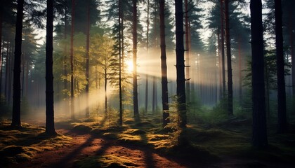 Enchanting misty forest scenery with sunbeams and ethereal sunlight rays illuminating the landscape