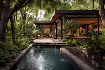 swimming pool in the garden and terrace of the house, with lush trees. generative ai