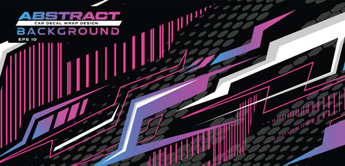 Abstract background car decal vinyl wrap design, techno racing speed stripe, halftone hexagon gradient blue purple pink, auto sticker vector - obrazy, fototapety, plakaty