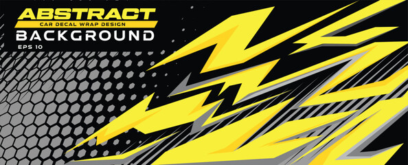 Abstract car decal vinyl wrap background vector design, yellow black stripe lightning sporty art auto sticker, striking sharp pointy graphic hexagon halftone simple - obrazy, fototapety, plakaty