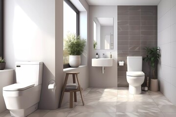 modern bathroom with silver tile walls and white tiles on the floor. generative ai