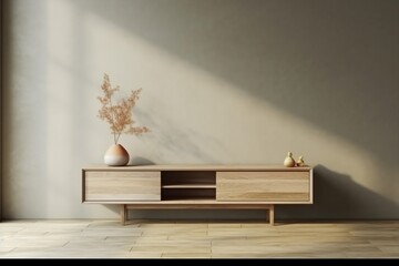 Simple minimal cabinet for tv interior wall mockup,3d rendering. generative ai. - obrazy, fototapety, plakaty