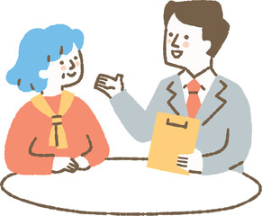 専門家の説明を聞いている高齢女性_色