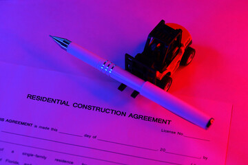 Residential construction agreement and toy forklift boomtruck sideloader car carries white pen on table close up