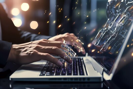 technology robot hand typing on laptop with fingers, artificial intelligence in business. generative ai