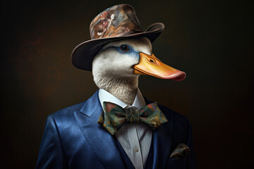 Duck dressed to the nines in a bespoke suit with a trendy feather-patterned lapel pin, embodying a perfect combination of sophistication and aquatic allure in a stylish anthropomorphic portrait.