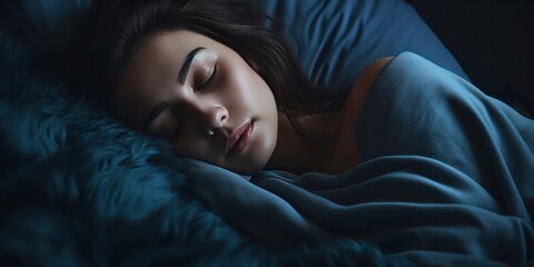 woman sleeping in bed with blue blanket, in the style of dark and brooding designer, generative AI