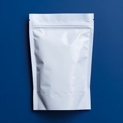 Blank white snack pouch packaging mockup on blue background