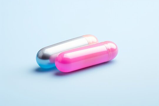 Close up of two pink capsule pills lay side by side. Minimal concept of medical care, placebo, treatment and pharmaceutical industry and products. Pastel colors