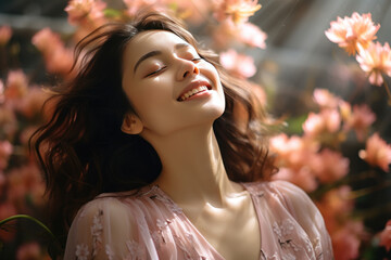 A asian woman breathes calmly looking up enjoying spring air - obrazy, fototapety, plakaty