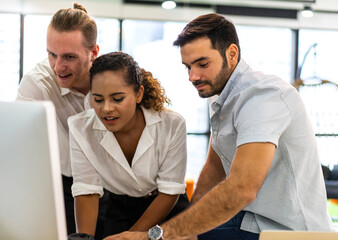 Fototapeta premium Group of business meeting and discussing strategy with startup project analysis finance,management.Success business people plan and brainstorm,marketing,idea,research,organization in office.Teamwork