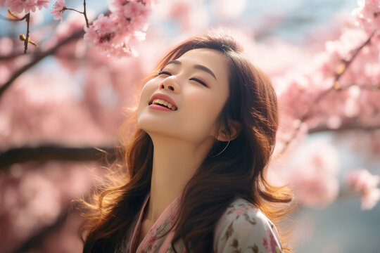 A asian woman breathes calmly looking up enjoying spring air