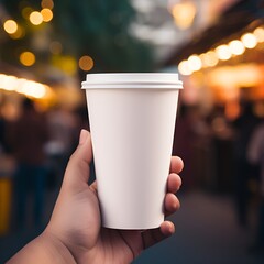 Hand holding coffee cup on food court background