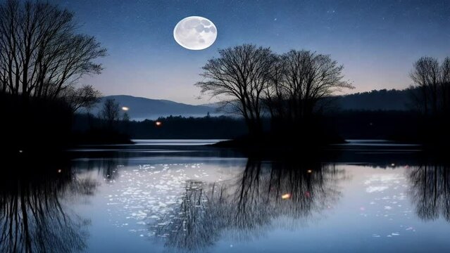 Beautiful fantasy night scene with full moon over calm lake. Seamless 4K looping virtual animated background