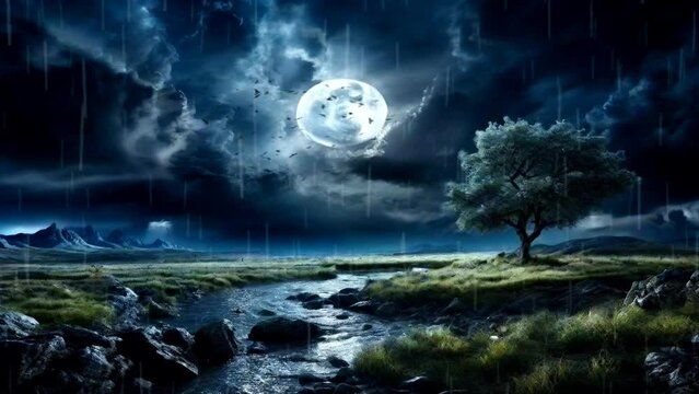 Fantasy Landscape of Full Moon with Storm Clouds and Rain at Night. Seamless looping animated virtual scene background.