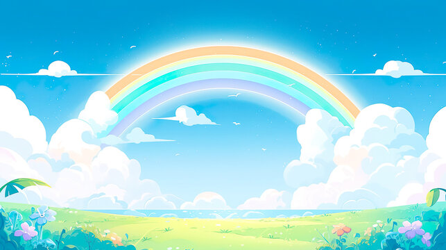 青空にかかる美しい虹のアニメ風イラスト