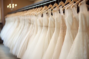 Elegant white bridal dresses on hangers in a luxurious boutique salon, perfect for the wedding day
