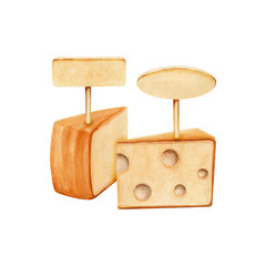 Two pieces of cheese with empty name tags. Ready for text. Hand drawn watercolor illustration isolated on transparent background. Market dairy produce. Label, logo, card, invitation design.