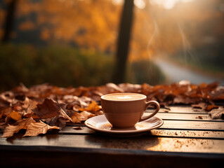 Naklejka na ściany i meble Warm cup of coffe on autumn background. Beautiful autumn background. Generated by AI