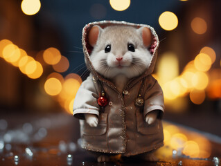 Cute little mouse in winter clothes on a background of Christmas lights. Generated by AI