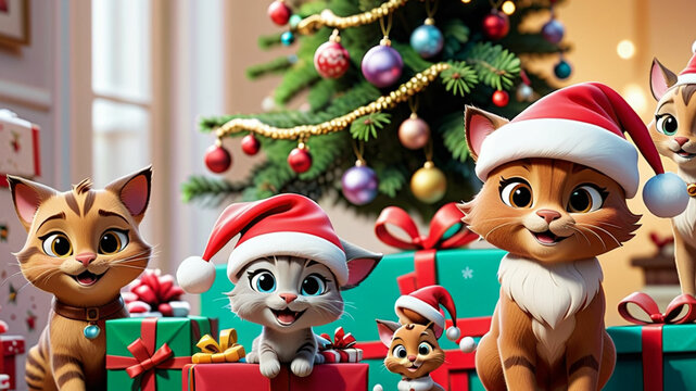 happy family cat wearing santa claus hat under christmas tree
