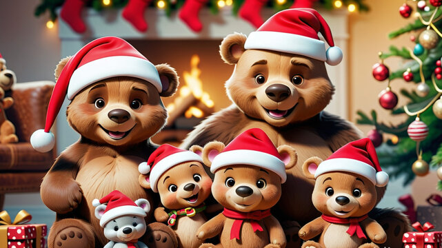 happy family of cute bear wearing santa claus hat under christmas tree