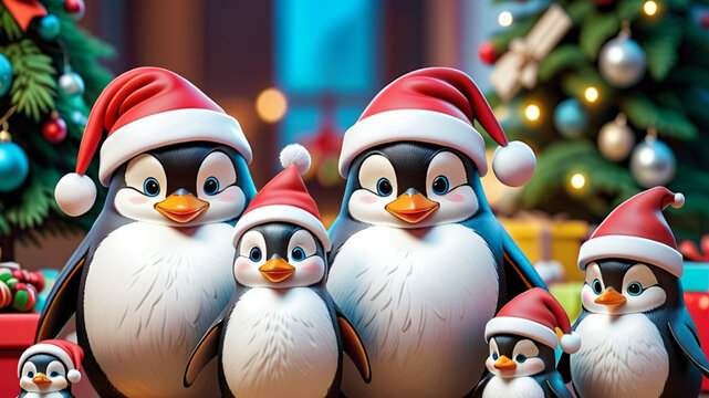 happy family of penguins wearing santa claus hat under christmas tree