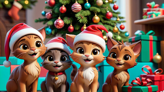 happy family of cute cats wearing santa claus hat under christmas tree