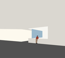 Man in red shirt standing in corridor alone, looking to ground floor in modern building. Minimal design.