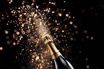 A celebration bottle of champagne with gold sparkling glitter confetti - obrazy, fototapety, plakaty