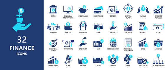 finance icons collection. 32 sets of finance icon designs. Solid icon elements. - obrazy, fototapety, plakaty