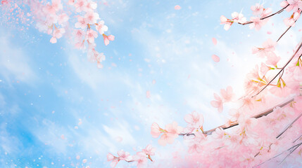 青空と舞い散る桜の花びらのイラスト - obrazy, fototapety, plakaty