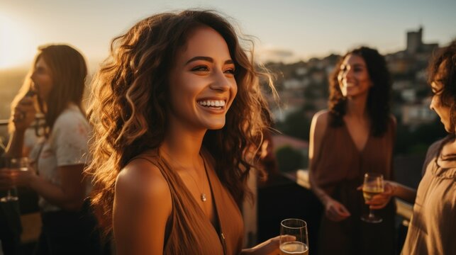 Young and smiling woman with curly hair is drinking alcohol and having fun with her friends.