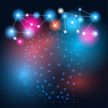 Human head, glowing triangle lines, imagination thinking, wonder of the human brain. Vector illustration.