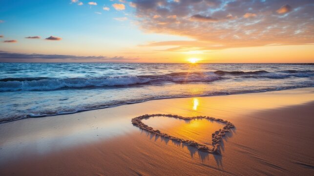A heart drawn in the sand by the beach at sunset.