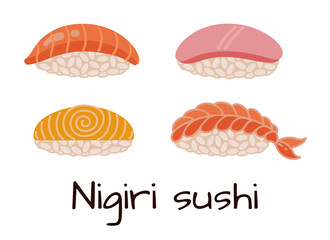 Nigiri vector icon set. Tasty Japanese sushi with rice and fresh salmon, tuna, shrimp, tamago omelette. Traditional Asian fish rolls, raw seafood appetizer. Flat cartoon clipart  isolated on white