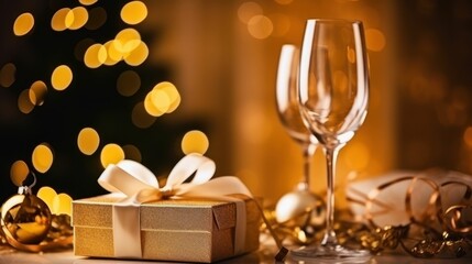 Fototapeta na wymiar Champagne glasses and gift box.