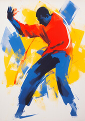 Gouache painting of a man / boy dancing and expressing himself through movement - fashion hiphop illustration, in pastel colours, hand painted