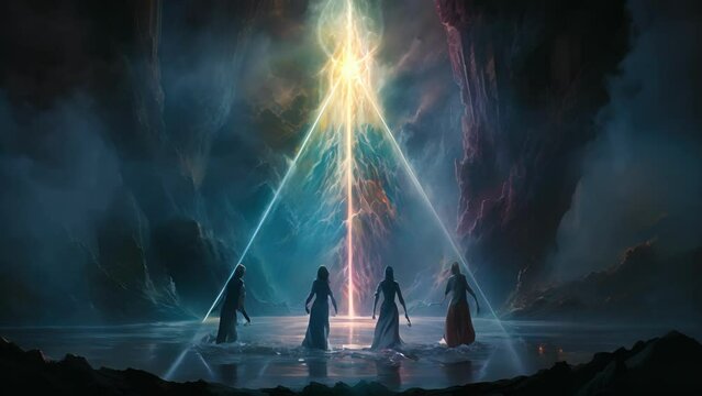 Radiant bolts of ancient magical energy ripple through the air three figures standing in a triangle around a vibrant fountain of light. With sharp intakes of breath the resounding chant