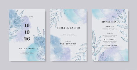 Beautiful purple and blue wedding invitation template watercolor texture