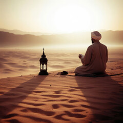 Muslim man sits and performs prayers in the middle of a quiet desert, Generative AI