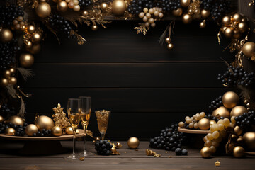 Obraz na płótnie Canvas Elegant festive background of black wood texture surrounded by white and black grapes, adorned with Christmas and New Year decorations.copy space frame