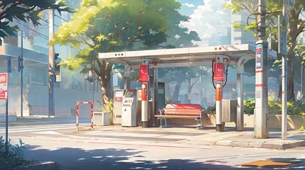 Zelfklevend Fotobehang ［AI生成画像］バス停、街中1 © 孝広 河野