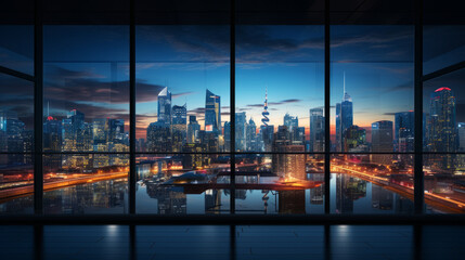 Fototapeta na wymiar View through a window of an illuminated imposing metropolis