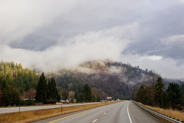 Asphalt road in the middle of high mountains, covered with fog and clouds on autumn day. American winter landscape of a mountainous area covered with fir forest. Fall season on the highway with cars
