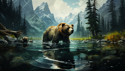 Majestic grizzly bear walking in tranquil mountain landscape generated by AI - obrazy, fototapety, plakaty