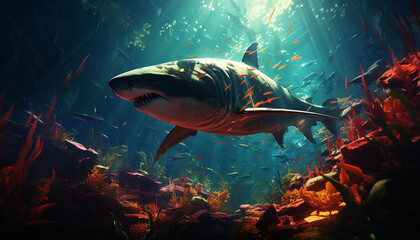 Fototapeta premium Majestic underwater beauty large fish swimming in a colorful reef generated by AI