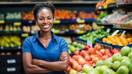 Smiling african woman shop worker in supermarket, food store assistant, fruit and vegetable retailer - obrazy, fototapety, plakaty